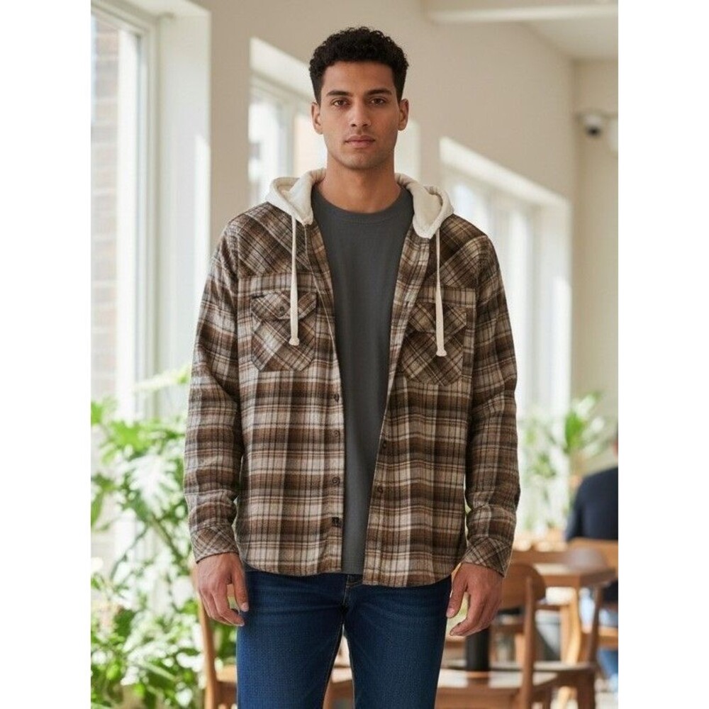 Howitzer Flannel Hoodie Shacket Iron Savage Button Front Brown Plaid Mens 3X